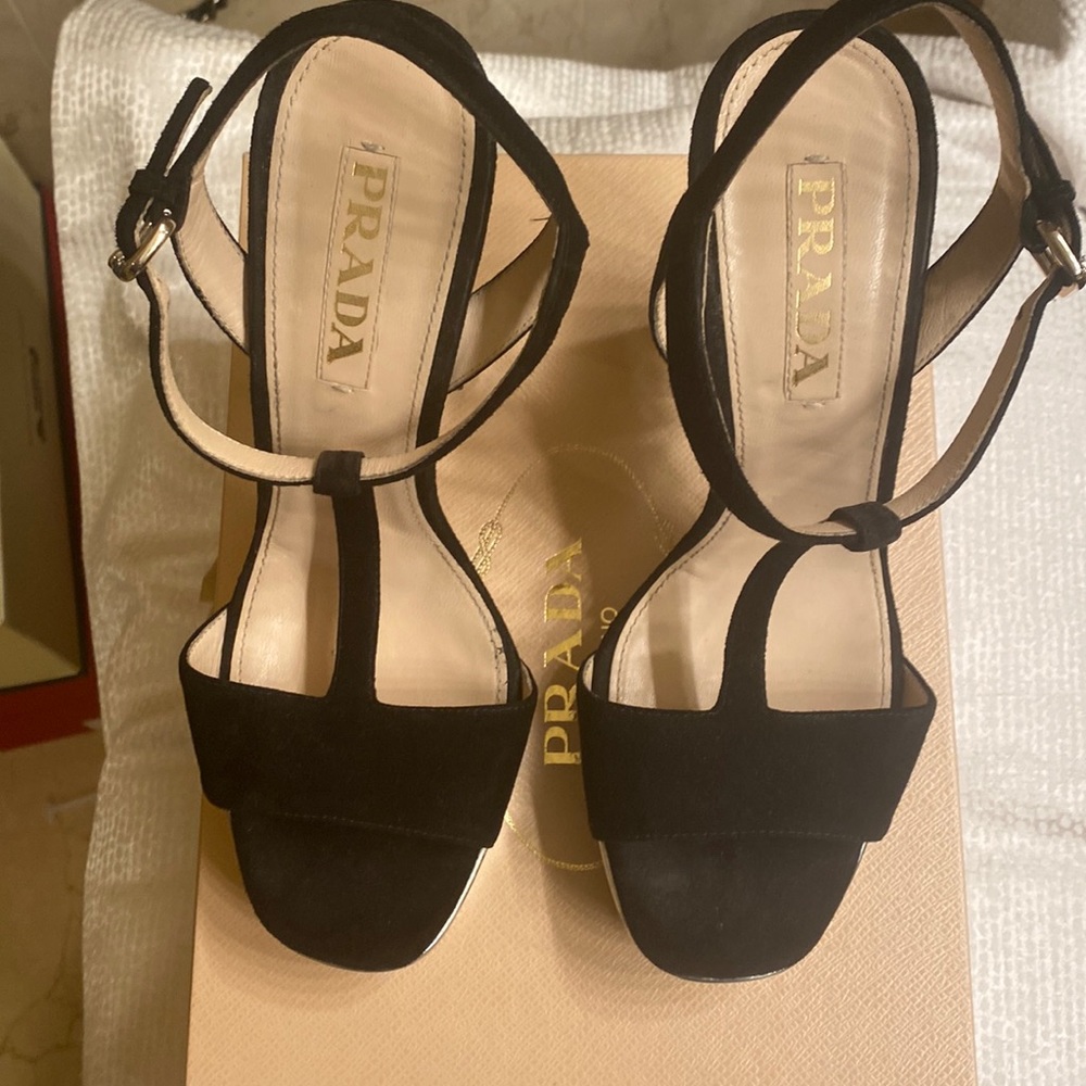 PRADA Metallic T-Strap Sandals